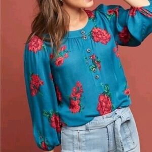 Anthropologie Maeve Kalas Teal Henley Floral Woven Blouse Top